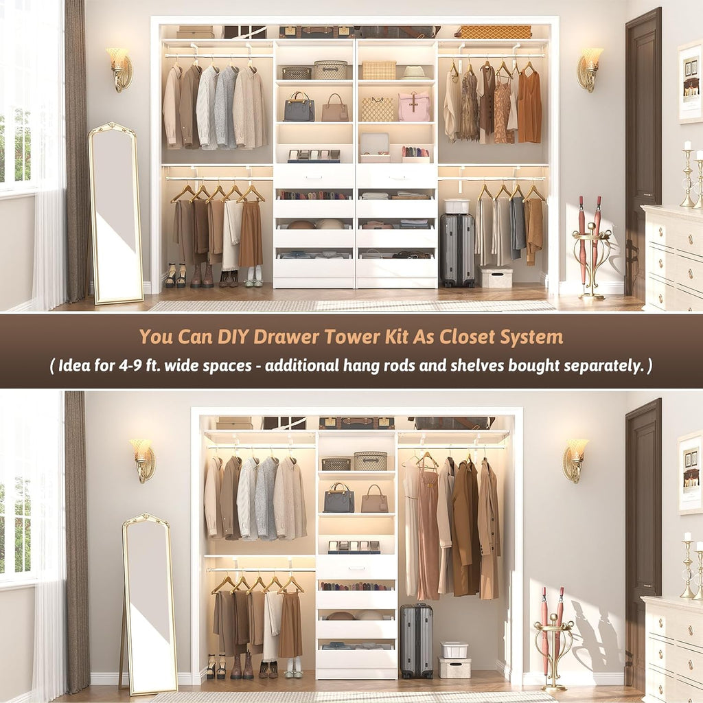 21.3" Closet System with 4 Drawers, Wood Closet Organizer with Open Shelves, Modular Drawers System Tower, Walk-in