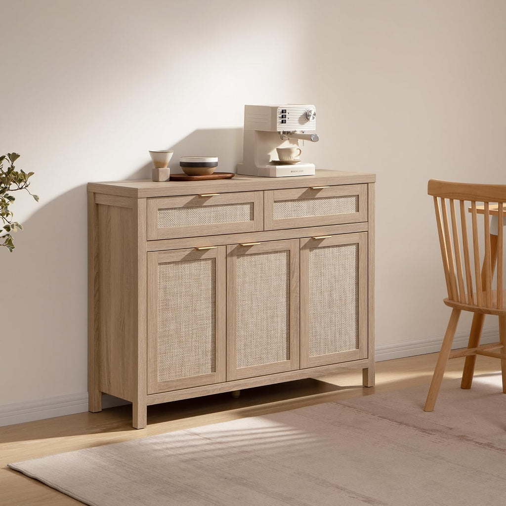 Rattan Sideboard Buffet Cabinet with Storage, Boho Credenza Accent Cabinet with 3 Doors and 2 Drawers