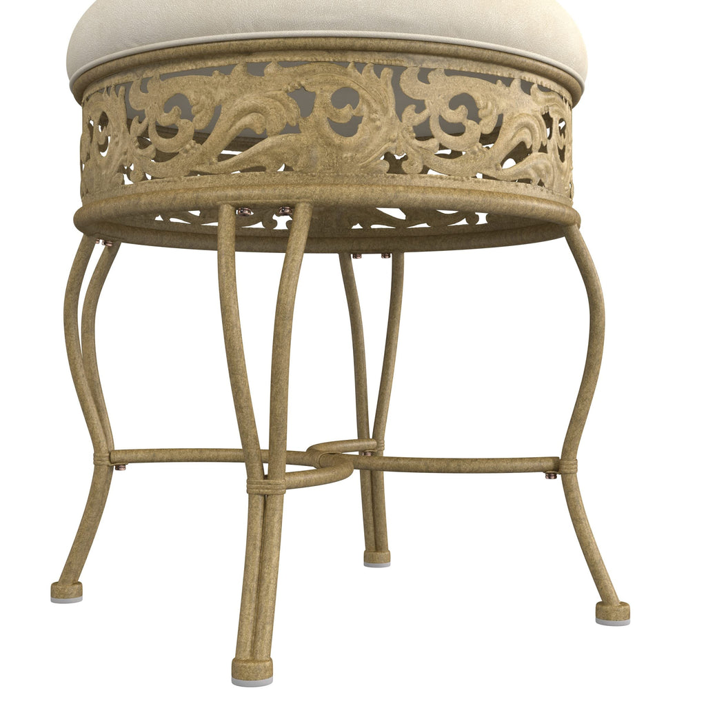Villa III Backless Metal Vanity Stool with Ornate Lattice Detailing, Antique Beige