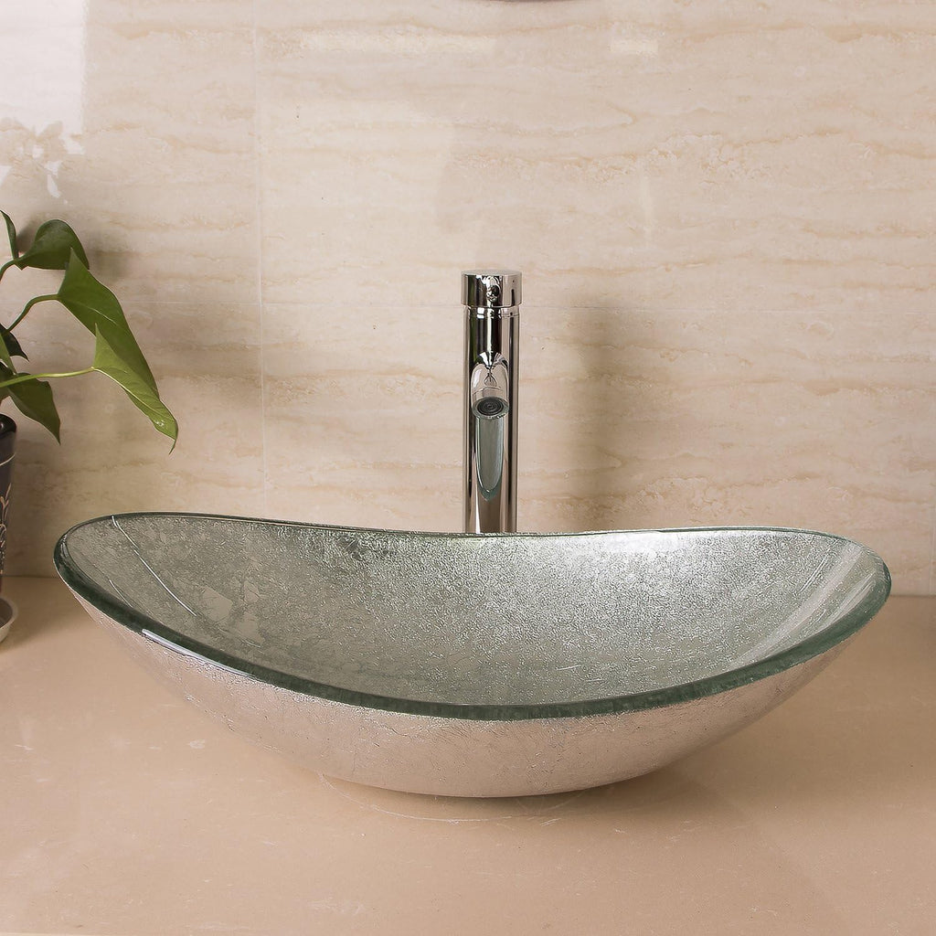 21.7"L × 14.2"W × 6.3"H Tempered Glass Vessel Sink Set - Boat-Shaped Wash Bowl with Chrome Faucet & Pop-Up Drain Stopper