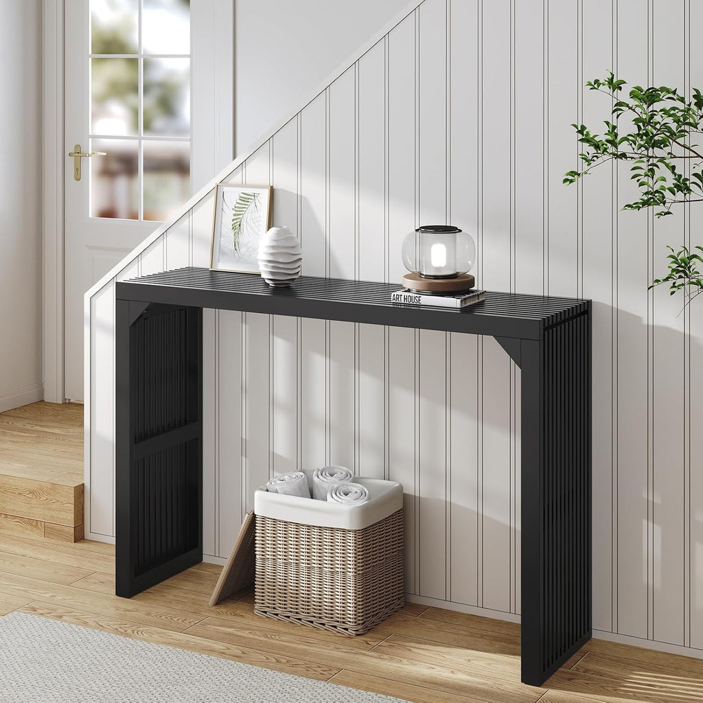 Narrow Console Table - 46" Solid Wood Farmhouse Table with Storage (Black)
