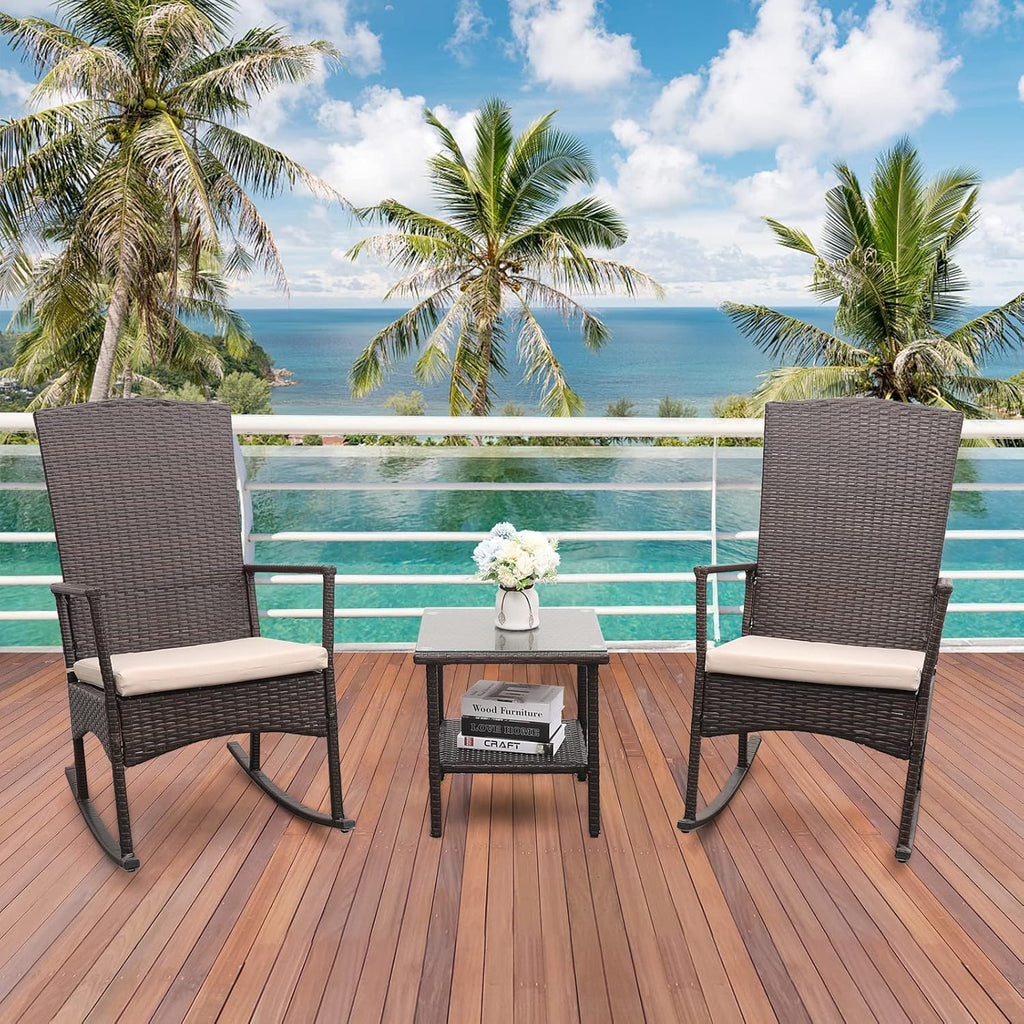 Outdoor HDPE Wicker Rocking Chair 3-Piece Patio Rattan Bistro Set 2 Rocker Armchair and Glass Coffee Side Table