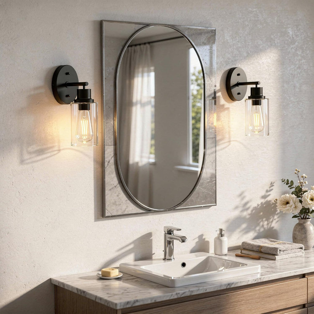 1-Light Black Bathroom Wall Sconce with Clear Glass Shade, Modern Vanity Light Fixture Over Mirror
