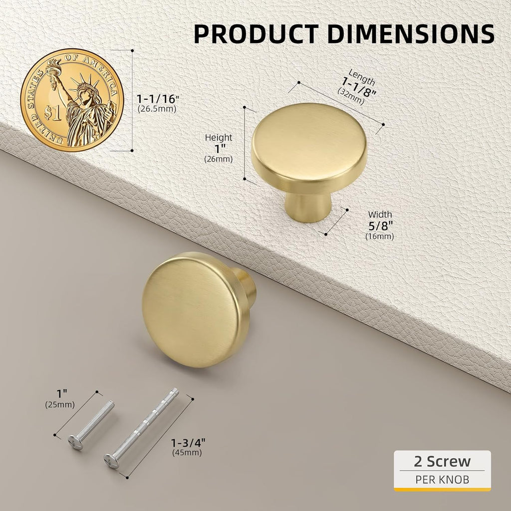 10Pack Brushed Gold Drawer Knobs for Cabinets, Brushed Brass Round Cabinet Knobs Drawers