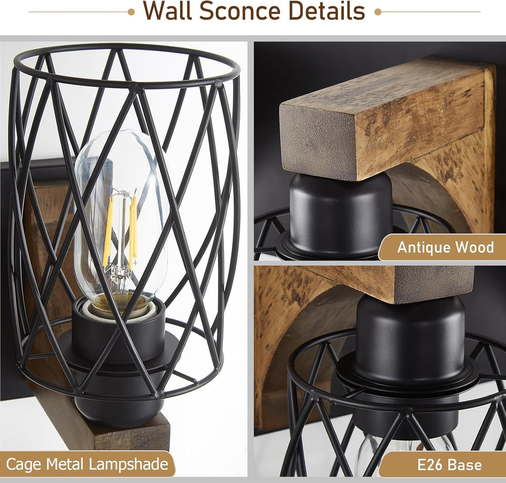 Farmhouse Bathroom Vanity Light, 3-Light Wood Bathroom Light Fixtures Over Mirror, Black Industrial Vanity Lights