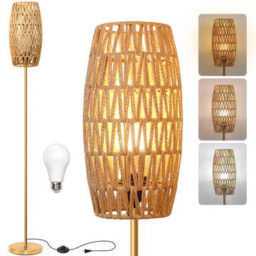 Floor Lamp,Farmhouse Floor lamp,Modern Standing lamp with Hand-Worked Rattan Shade (Drum Rattan Shade Body Gold