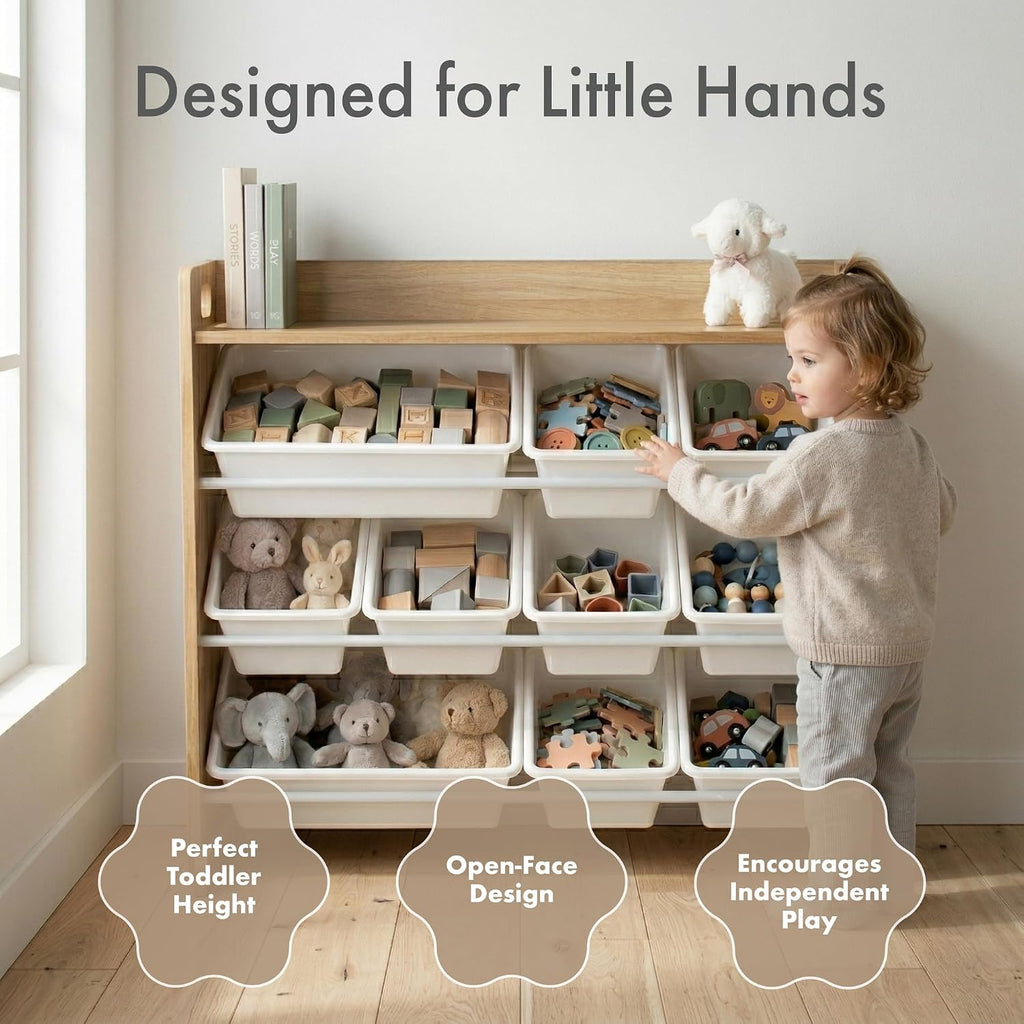 Kids Toy Organizer with Display Shelf, 9 Bins, 3 Tier Storage | Sturdy wood and steel toddler shelf, removable