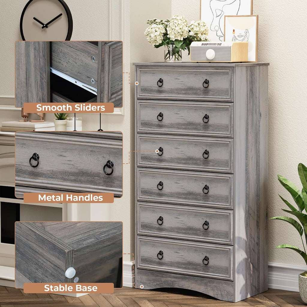 6 Drawer Dresser Tall, 52" Tall Grey Dresser , Chest of Drawers, Large Storage Organizer for Clothes, Grey Vintage