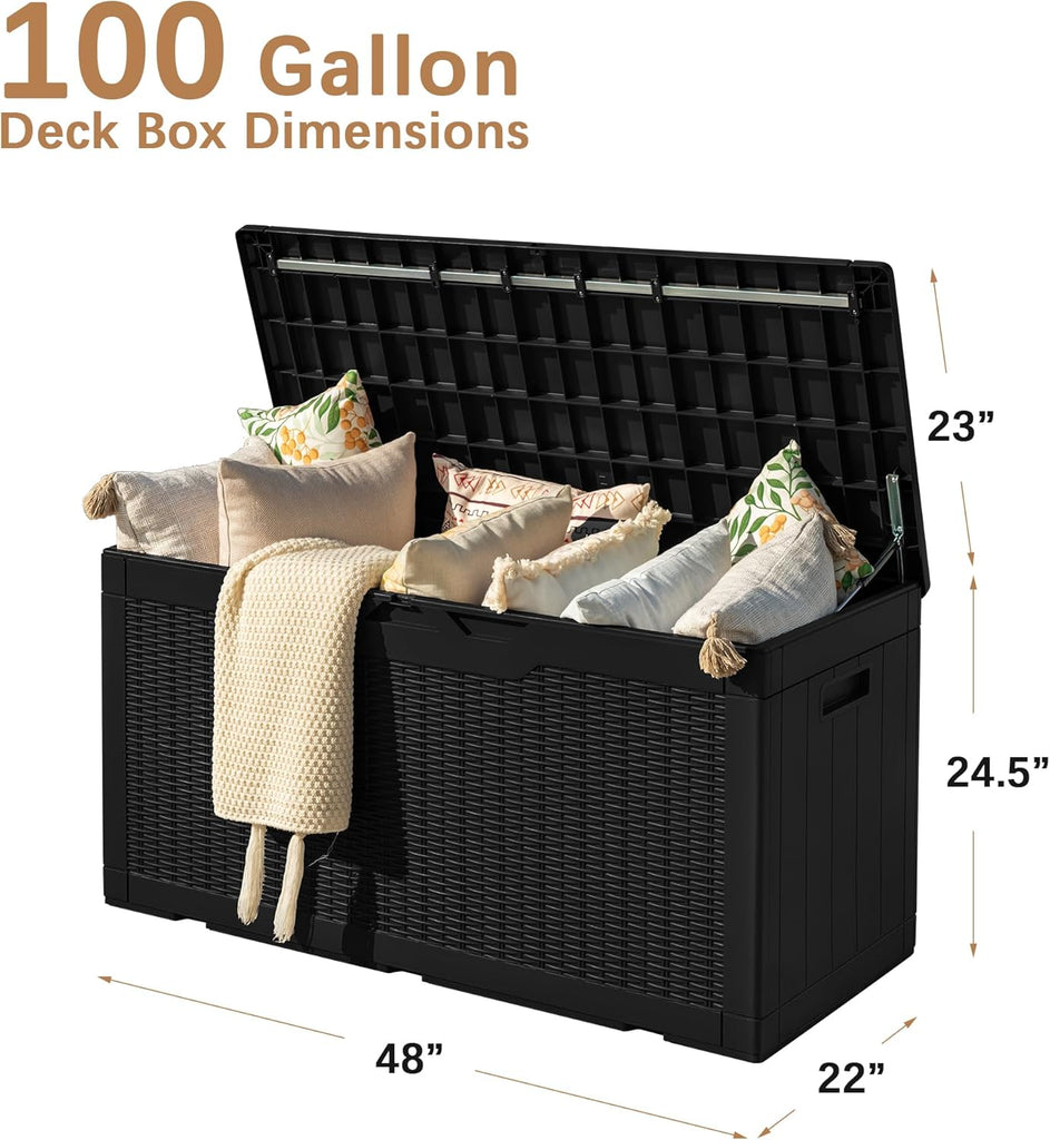 97 Gallon Deck Box, Waterproof Resin Outdoor Storage Box for Outside and Patio, Large Outdoor Storage Bench Cabinet