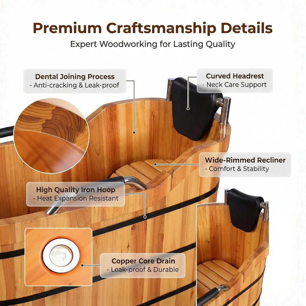 Natural Cypress Wood Hot Tub with Steam Lid & Non-Slip Handrails - 47" Freestanding Spa Bathtub for Adults and Kids