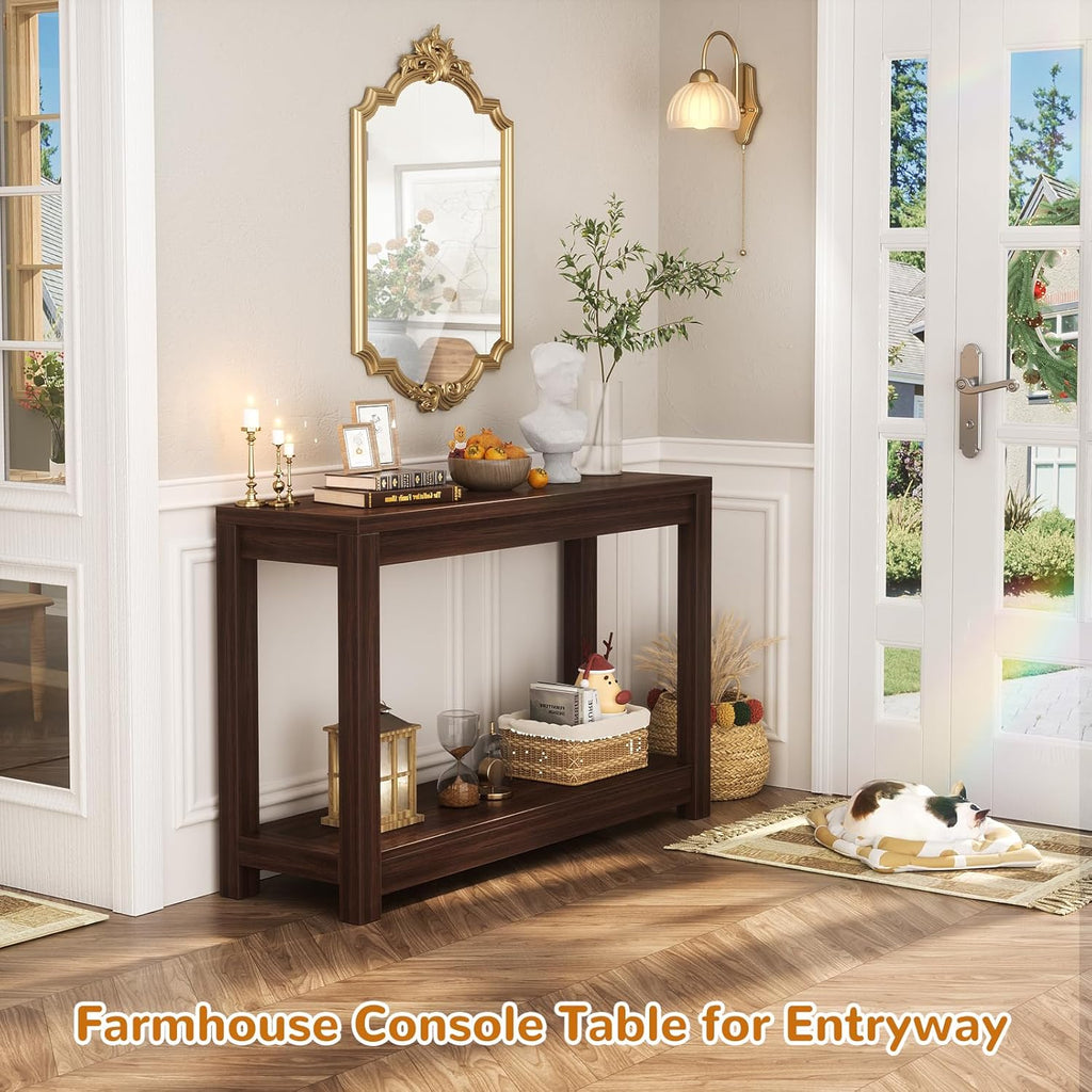 Small Farmhouse Wood Entryway Table Narrow Console Table with Storage Behind Couch Sofa Table with Shelves Entry Way
