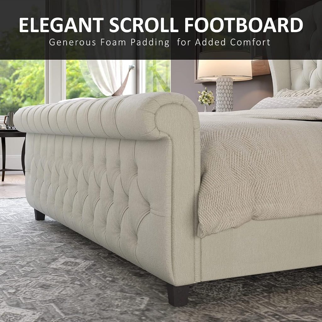 Queen Platform Bed Frame, Chenille Upholstered Sleigh Bed with Scroll Wingback Headboard & Footboard/Button Tufted/No