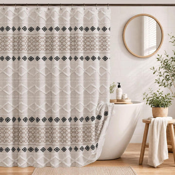 Boho Fabric Shower Curtain Set with 12 Metal Hooks, Modern Minimalist Geometric 3D Striped Textile Pattern Bathroom