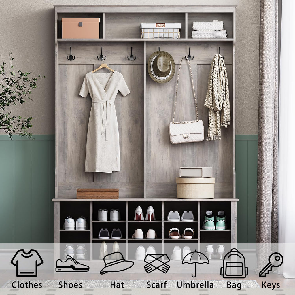 Hall Tree with Bench and Shoe Storage, 53" Farmhouse 4-in-1 Mudroom Storage Organizer with Coat Rack, 6 Hooks, 12