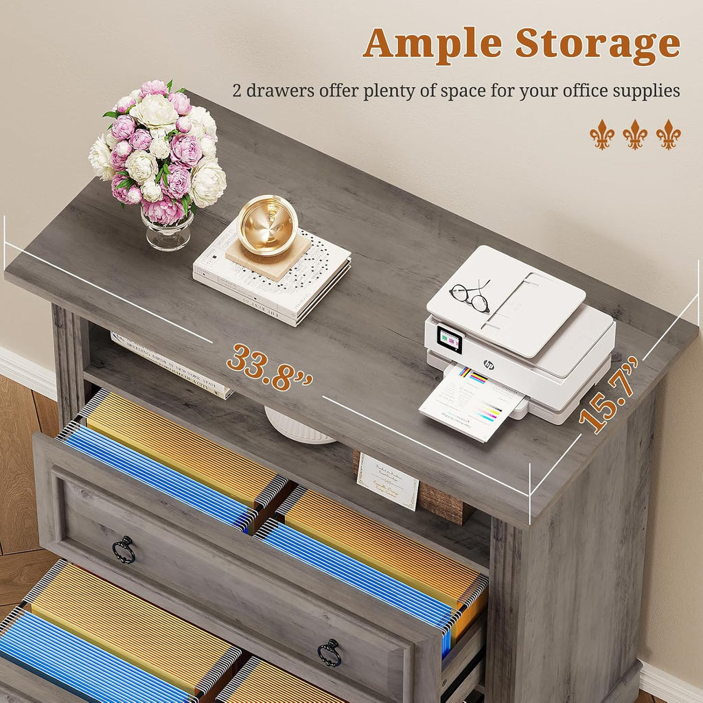 2 Drawer File Cabinet, Farmhouse Filing Cabinet Fits Letter, Legal, A4 Size, Wood Lateral File Cabinet with Printer