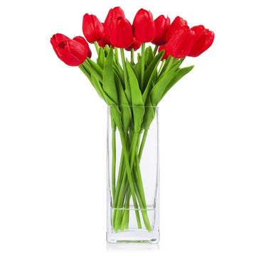 Artificial Real Touch Tulips Flower Arrangement in Glass Vase with Faux Water (Red)