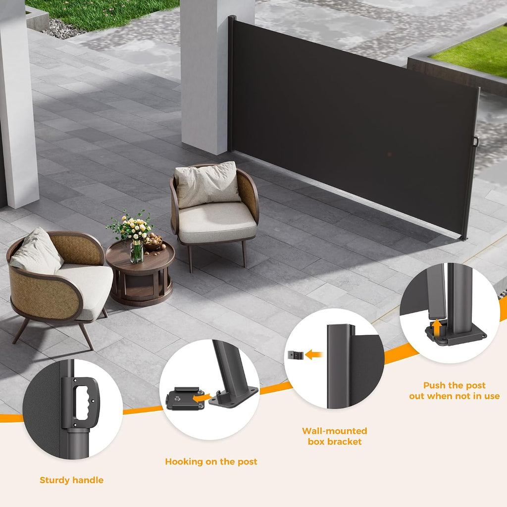 146" x 71" Retractable Side Awning with Privacy Screen Protection, Carbon Gray Waterproof & UV-Resistant Outdoor Side