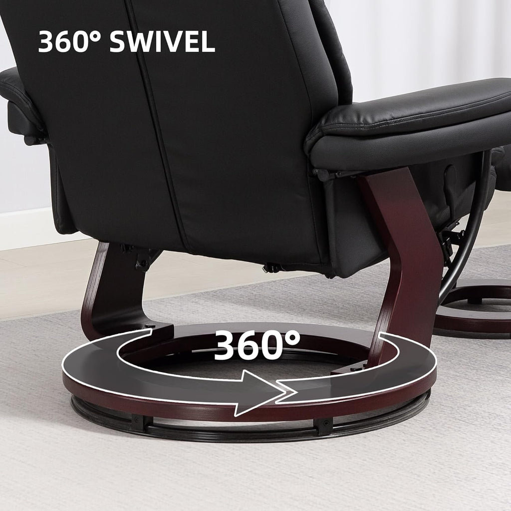 Modern Reclining Swivel Lounge Chair and Ottoman — Black PU Leather