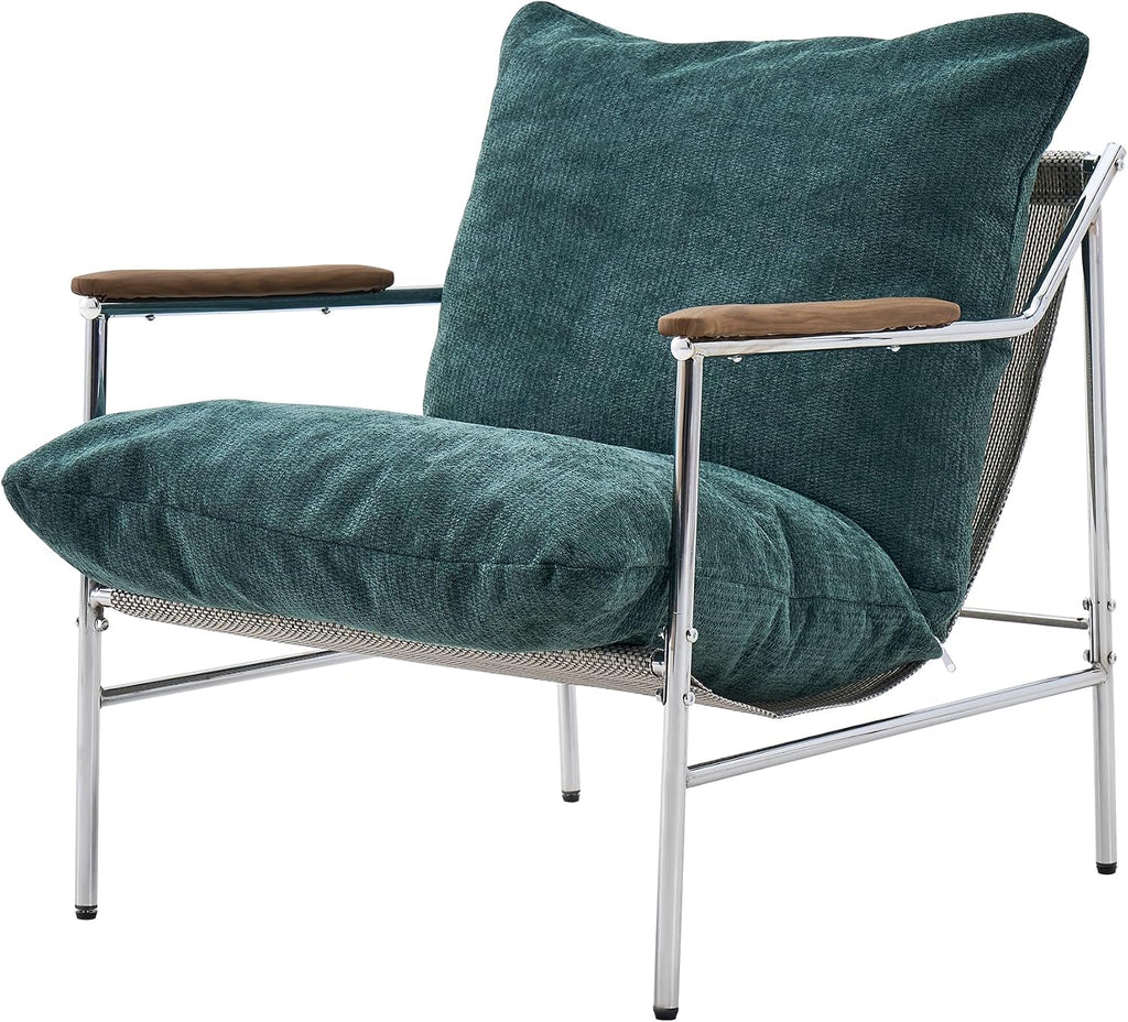 Comfy Chenille Accent Chair, Modern Single Reading Sofa Chair with Tall Arm, Corner Balcony Armchair w/Metal Frame