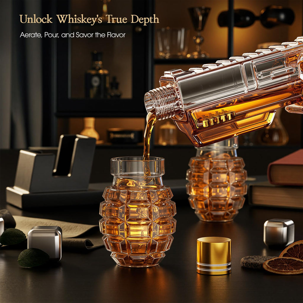 Handcrafted Whiskey Decanter Gift Set with 2 Grenade Glasses