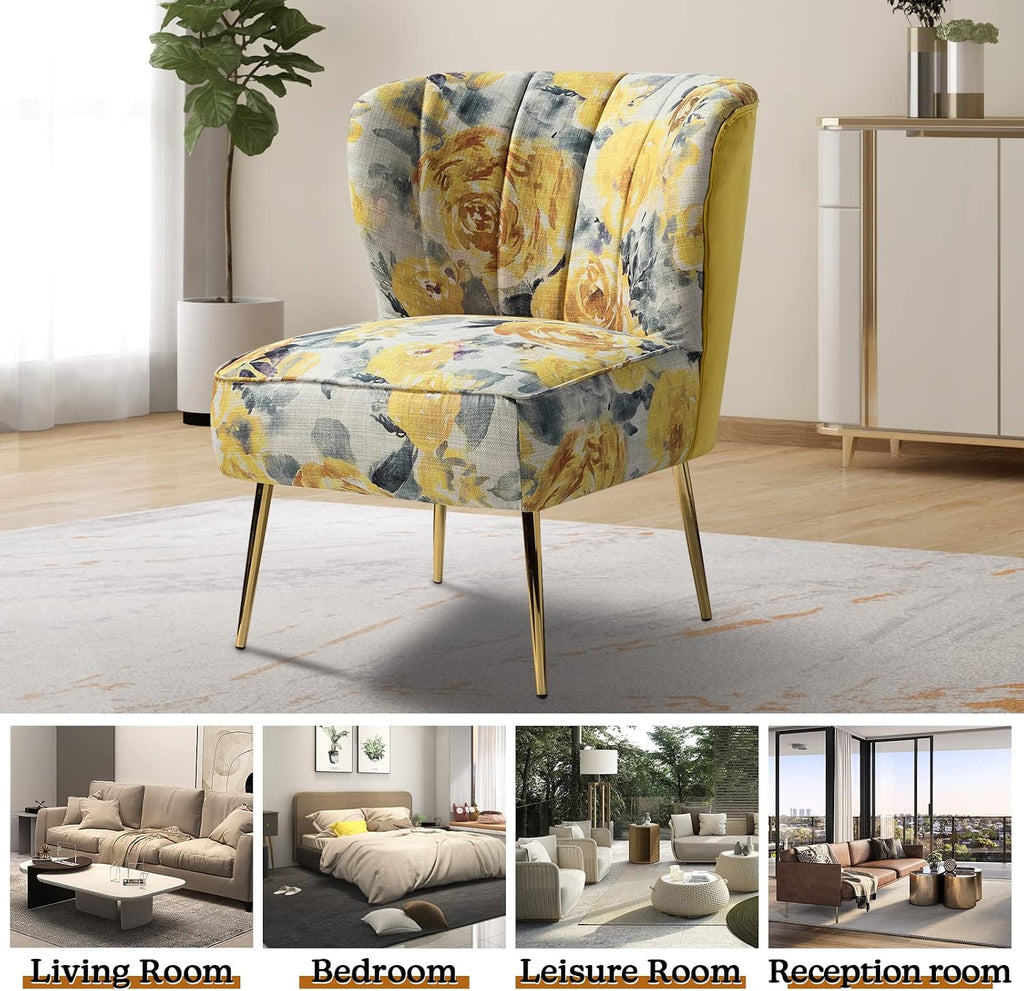 Accent Chair with Golden Legs, Comfy Tufted Wingback Living Room Chair Floral Fabric Small Armless Side Chair