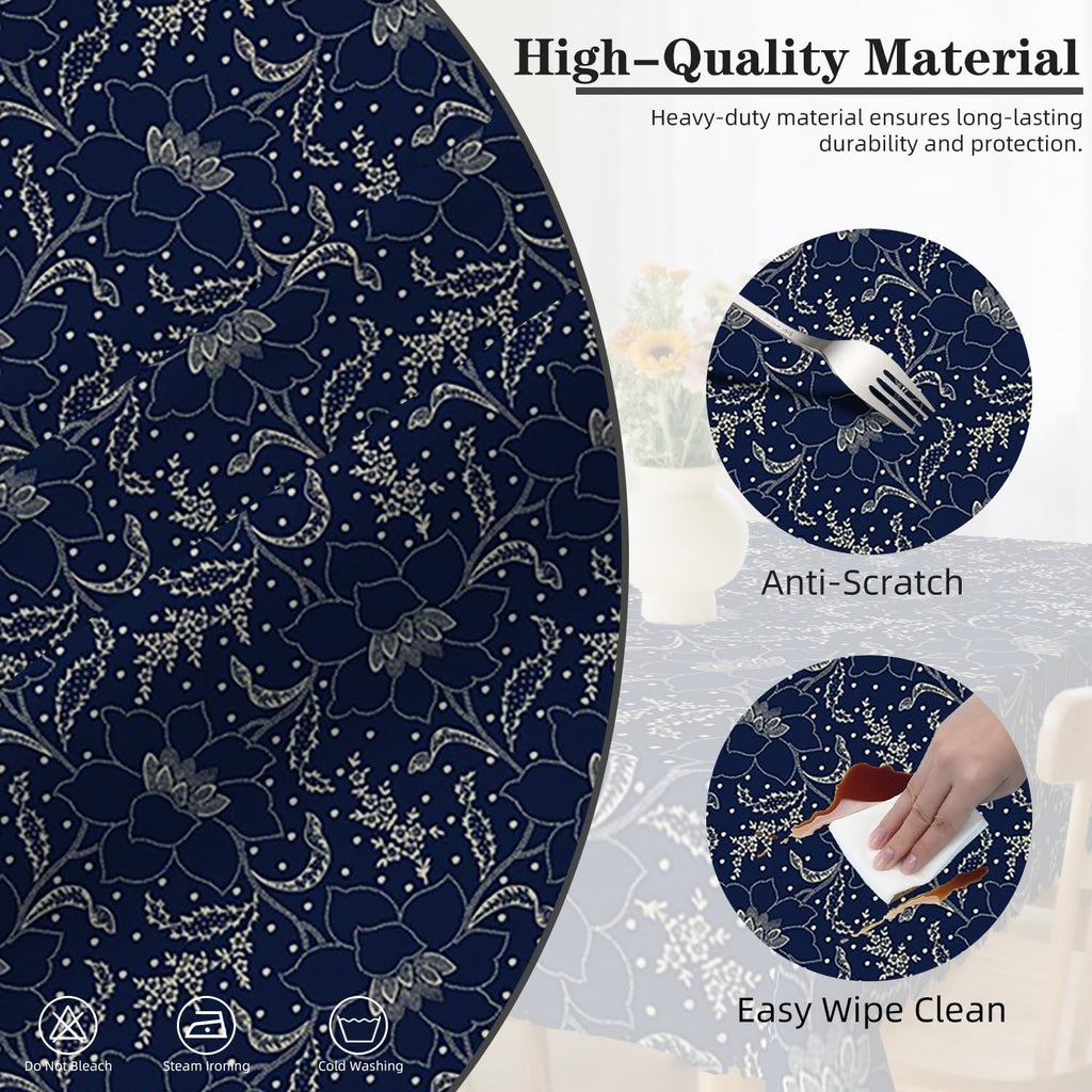 60x120 inch Jacquard Floral Tablecloth Navy Blue Flowers Line Art Pattern Rectangle Tablecloth Washa