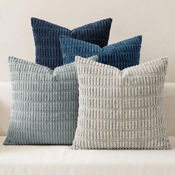 Pack of 4 Corduroy Decorative Throw Pillow Covers 18x18 Inch, Grey/Blue