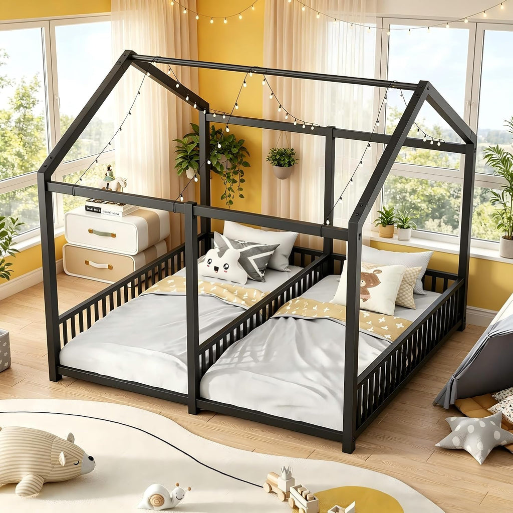 Twin Size Toddler Floor Bed,Double Bed Frames for Two Kids,Black | Montessori Floor Bed with Fence & Roof Design