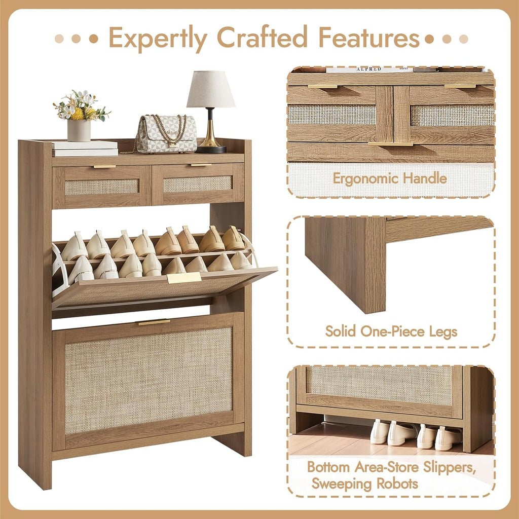 Rattan Shoe Storage Cabinet with 2 Drawers & 2 Flip Drawers - Hidden Slim Shoe Organizer , Large Tabletop Space
