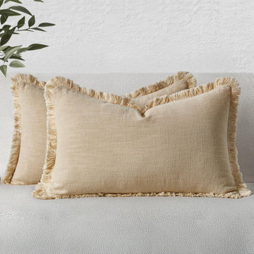 Boho Linen Fringe Decorative Lumbar Throw Pillow Covers Beige 12x20