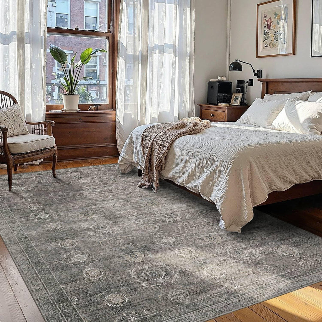 Area Rugs for Living Room Bedroom, Grey Washable Rug, Vintage Retro Boho Rug, Non Slip & Low Pile Faux Wool Thin