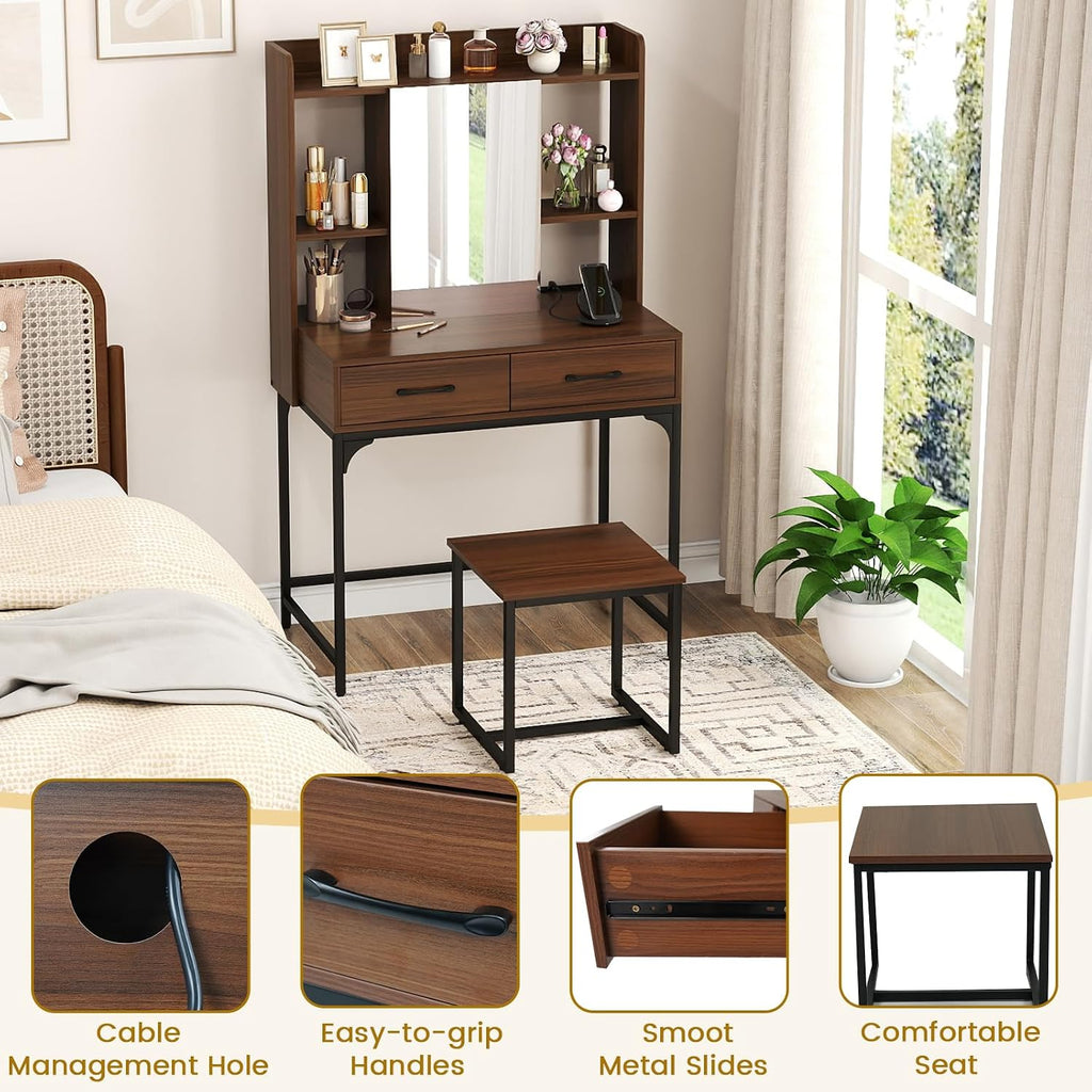 Vanity Desk with Mirror and Stool, Industrial Dressing Table with Power Outlet, 4 Shelves, 2 Storage Drawers, Bedroom