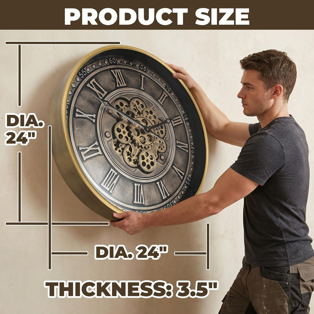 24 Inch Antique Bronze Industrial Steampunk Wall Clock with Real Moving Gears, Metal Oversized Gear Clock with Tempered Glass, Silent...