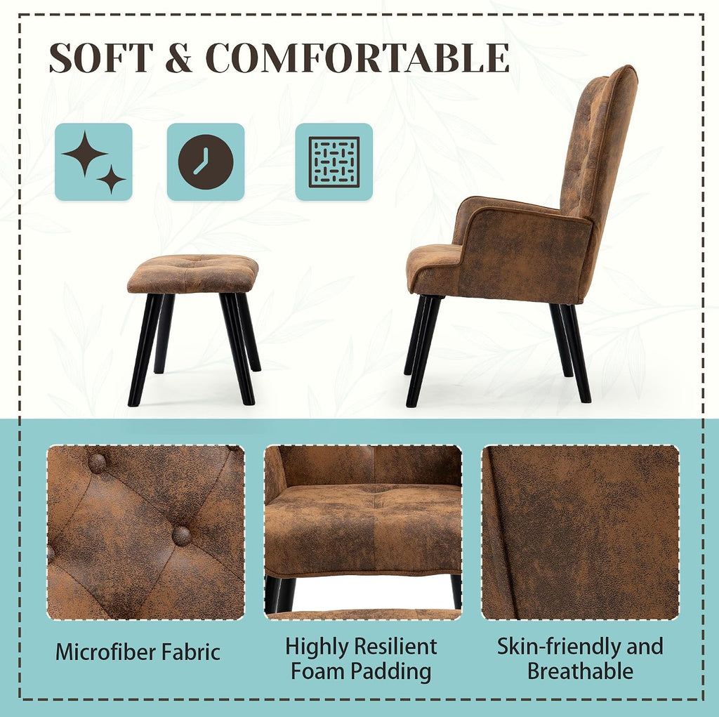 Accent Chair with Ottoman, Brown Button Tufted Wingback Chair | Soft Upholstered Fabric; High Density Thick Sponge;