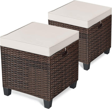 2-Piece Rattan Patio Ottoman, All Weather Wicker Ottoman w/Removable Cushion & Steel Frame, Outdoor Footstool