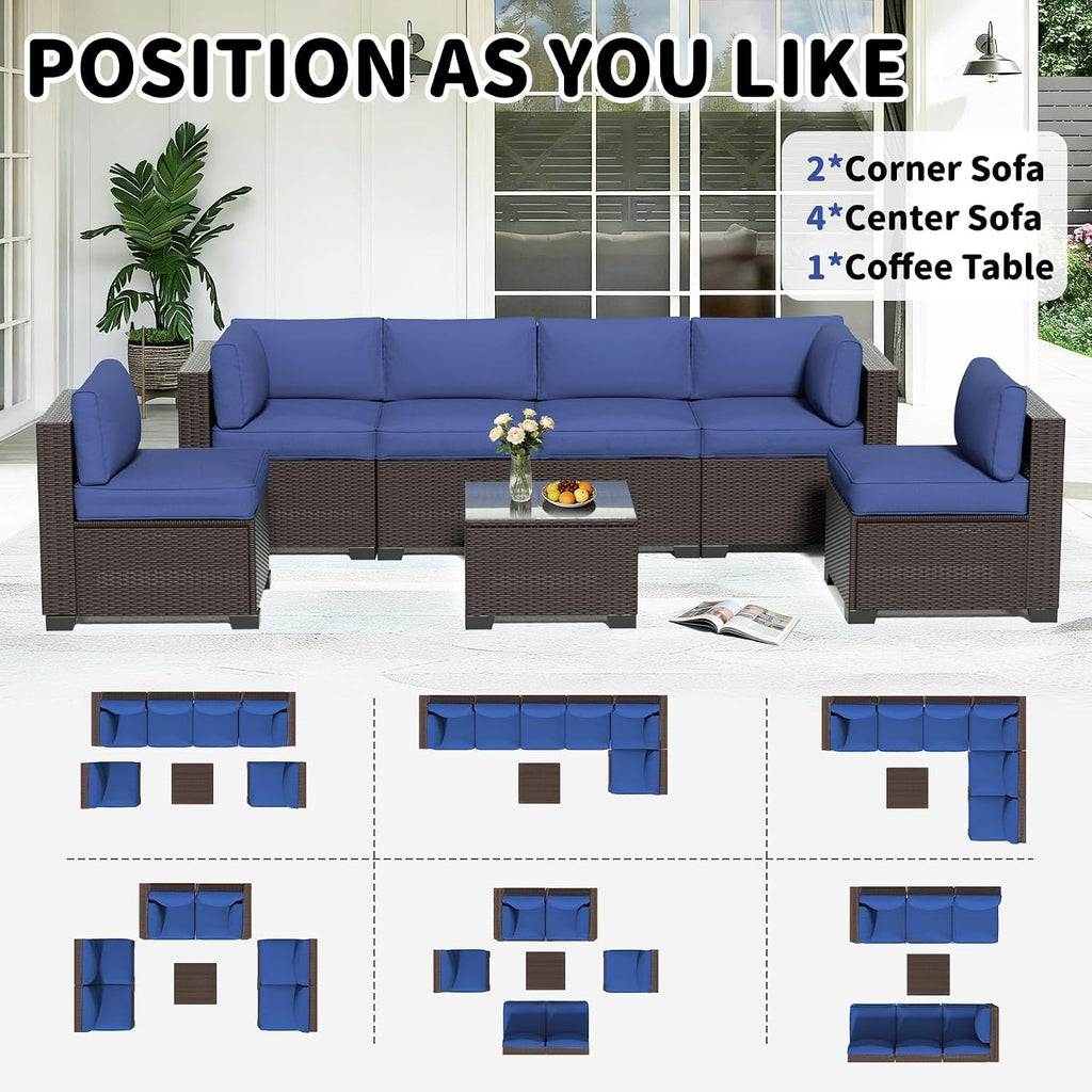 7-Piece Outdoor Sectional Patio Furniture Set, All-Weather Wicker Rattan Sofa w/Thick Washable Cushions & Tempered