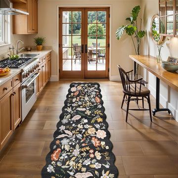 2x10 Scalloped Hallway Runner Rug: Washable Non Slip Boho Floor Mat Black