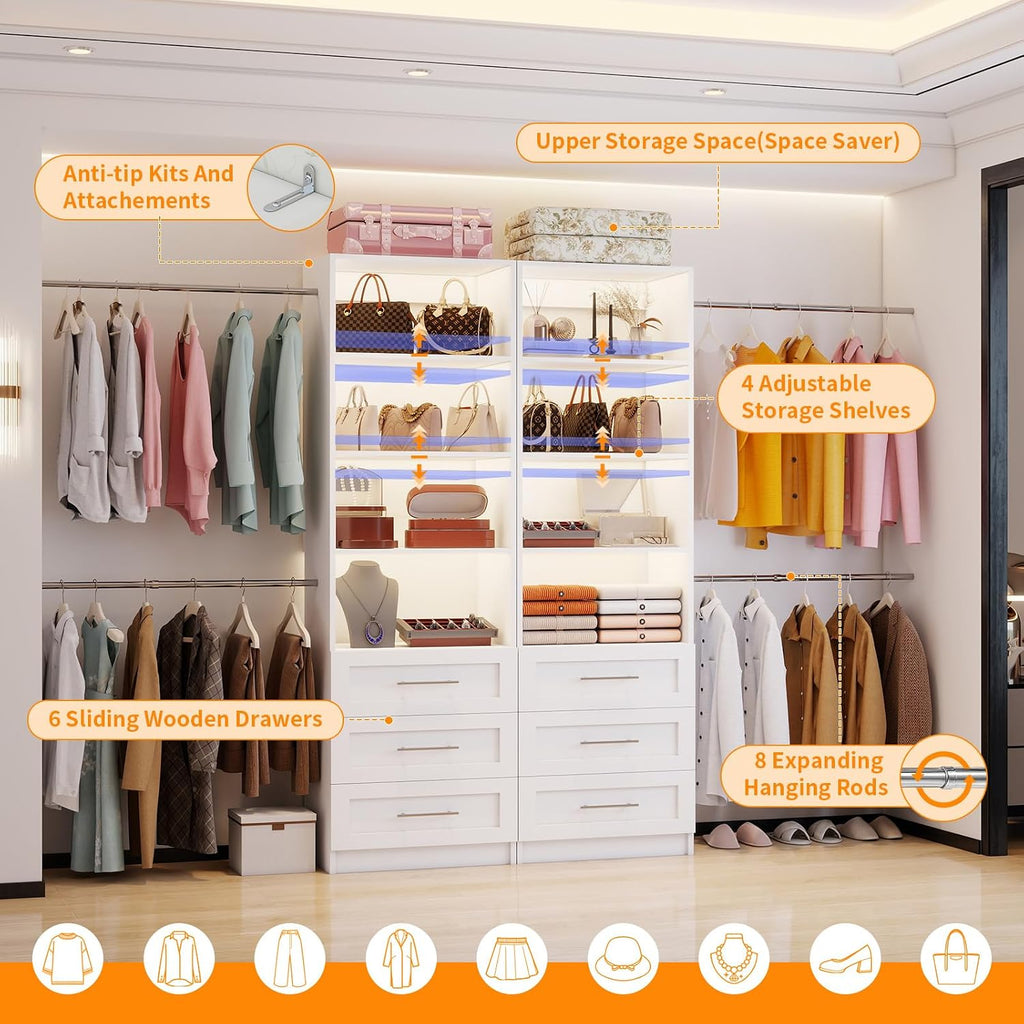 Closet System with 6 Drawers, 6FT-15FT Wooden Closet Organizer System with 8 Expandable Hanging Rods and Shelves