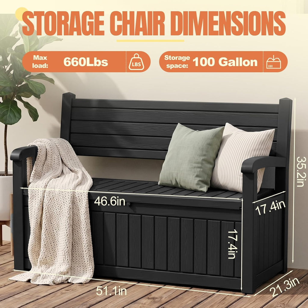 Storage Bench Outdoor Deck Box,100 Gallon Waterproof & UV Resistant Lockable Patio Furniture Seating.Indoor/Outdoor