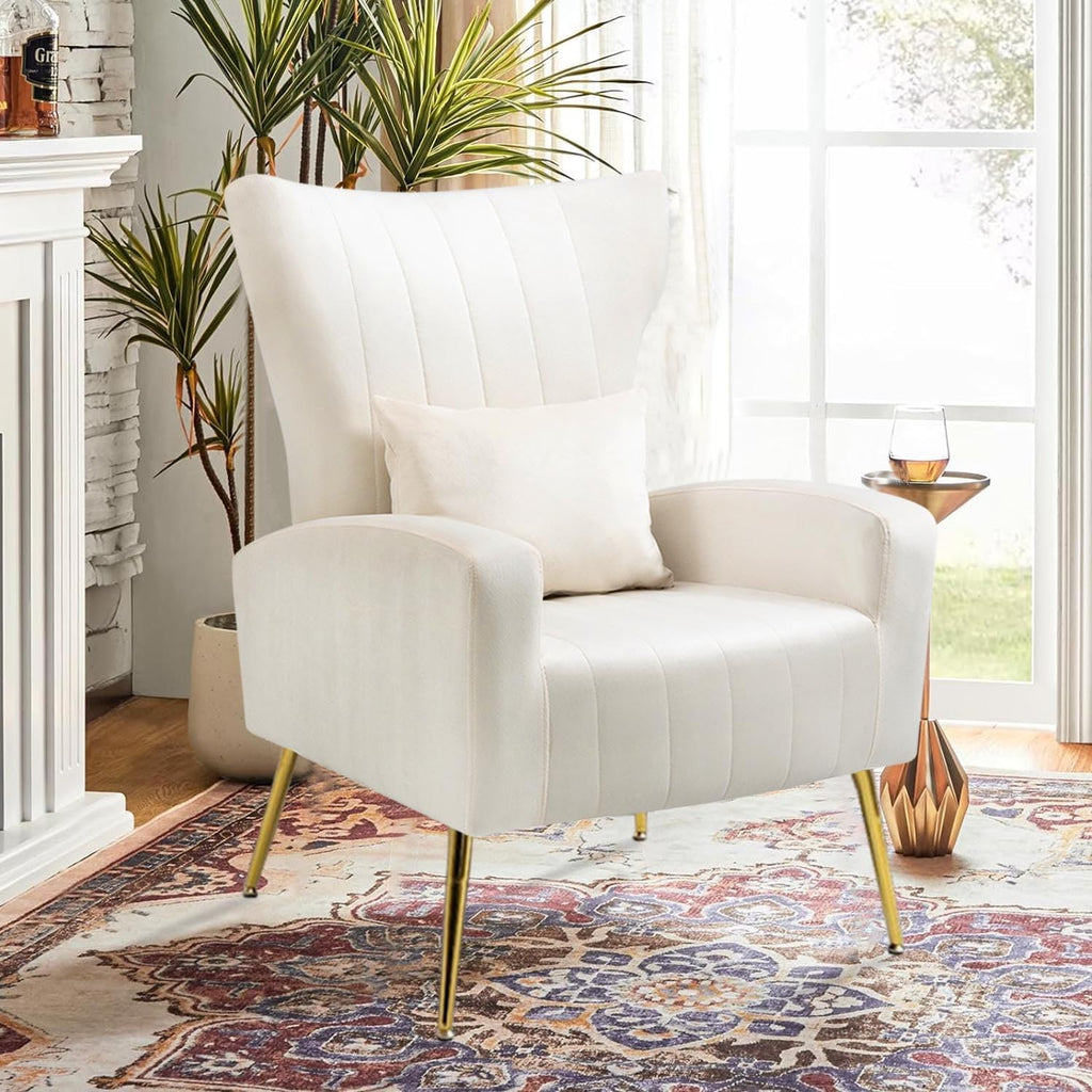 Velvet Accent Chairs Set of 2, Modern Living Room Chair with Gold Legs & Pillow, Bedroom Side Chair with High