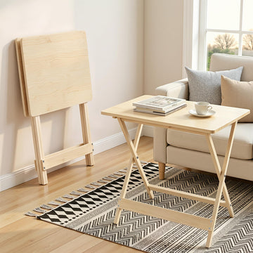 Folding Table Set of 2, Modern Wood Portable Snack TV Trays, Easy to Clean & Assemble, Natural