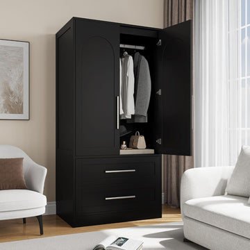 Wooden Armoire Wardrobe Closet with 2 Doors and 2 Drawers,Freestanding Armoire Storage Cabinet with Shelves,Tall