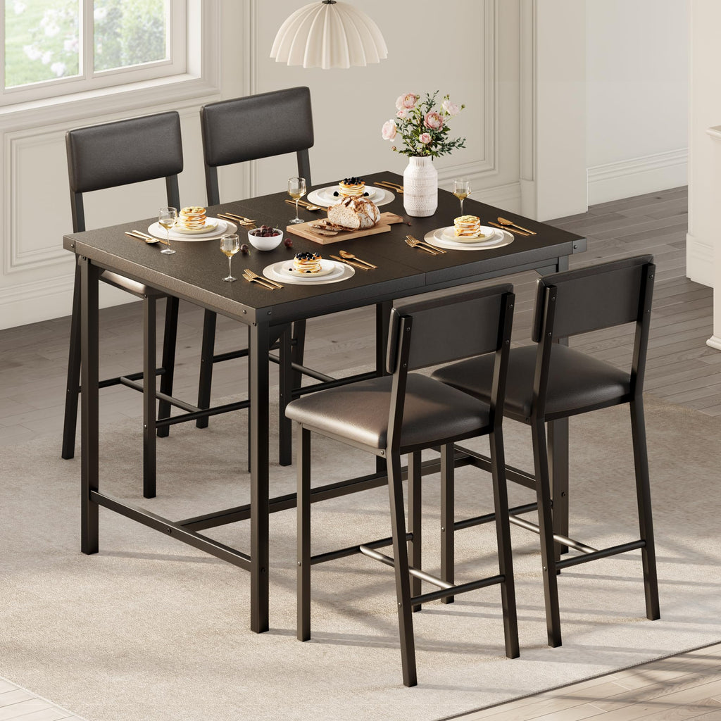 Dining Table Set for 4 w/Corner Protecto, Dining Room Table Set with Footrest & Backrest, Counter Height Table with 4