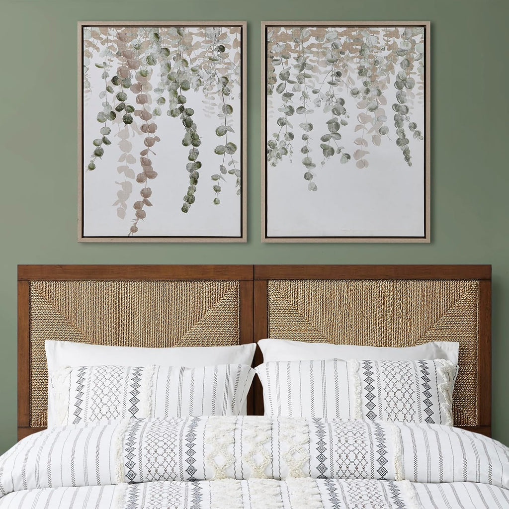 Botanical Framed Wall Art , Set of 2 Hand Embellished Canvas Wall Décor, Eucalyptus Leaves, Easy To Hang Vertically