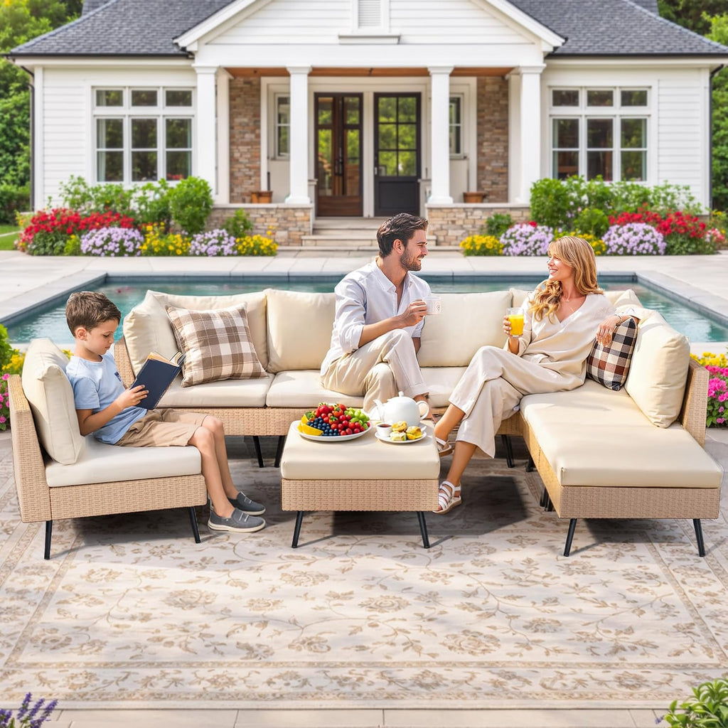 8-Piece Wicker Outdoor Furniture Set, All-Weather Patio Conversation Set with Thick Cushions & 2 Multi-Use Ottomans