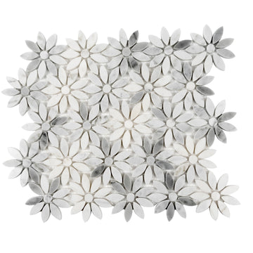 Flower Pattern Marble Mosaic Tile - 4.46 sq ft Box of 5 Sheets - White Gray Bianco Carrara Polished 10.7x12 in Mesh