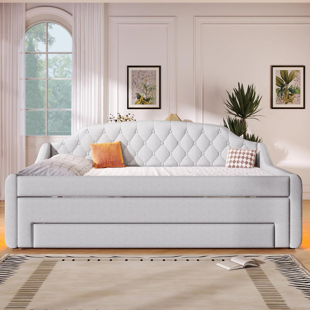Upholstered Full Daybed with LED Lights, Trundle & 3 Drawers
