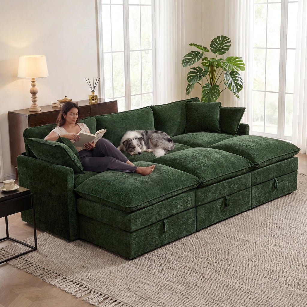Modular Sofa Couch with Storage, 103" U-Shape Sectional Cloud Couch, Oversized Deep Seat Comfy Fabric Couch (Green