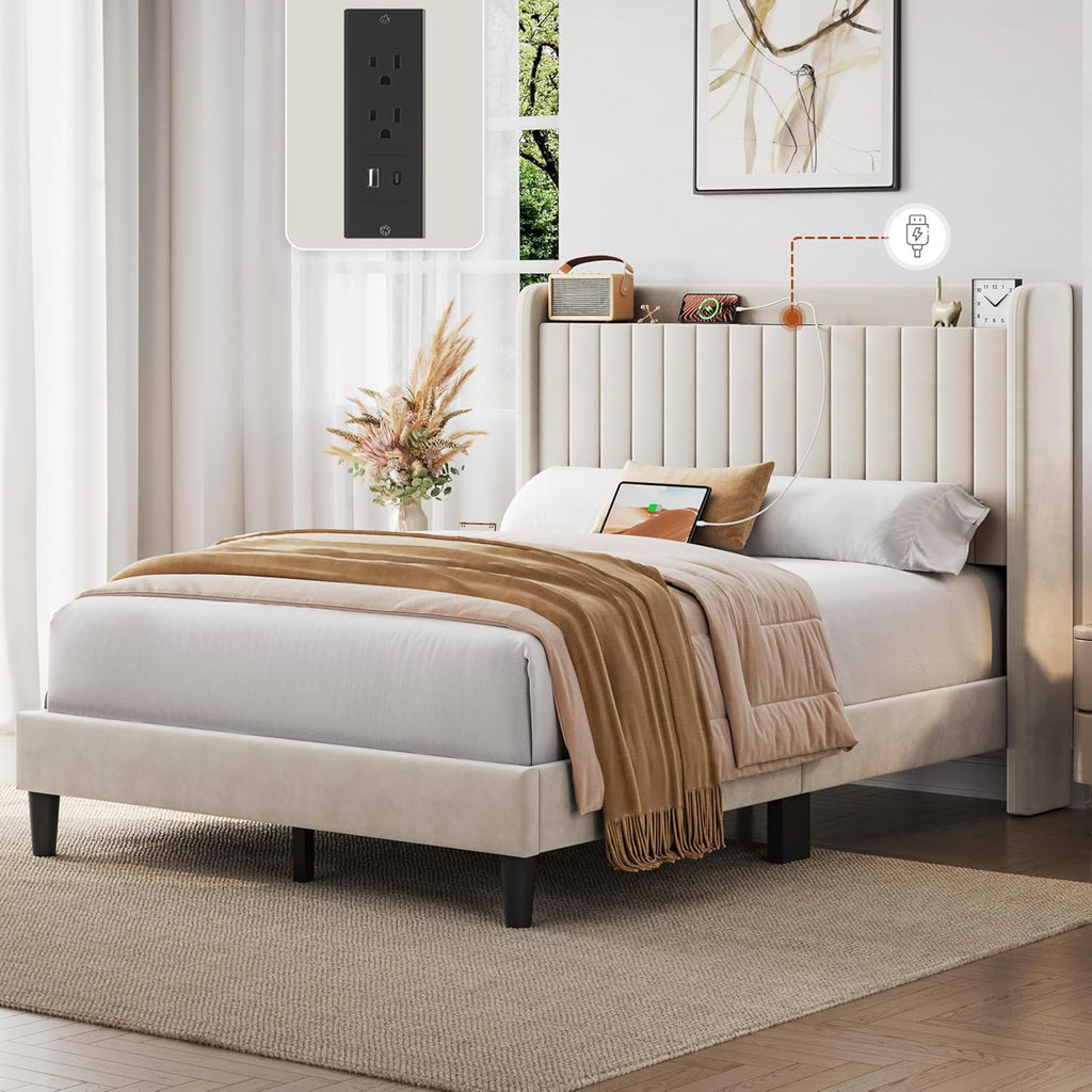 Full Bed Frame with USB Charging Station and Storage Shelf/Upholstered Headboard Platform Bed with Wing Side/Wooden