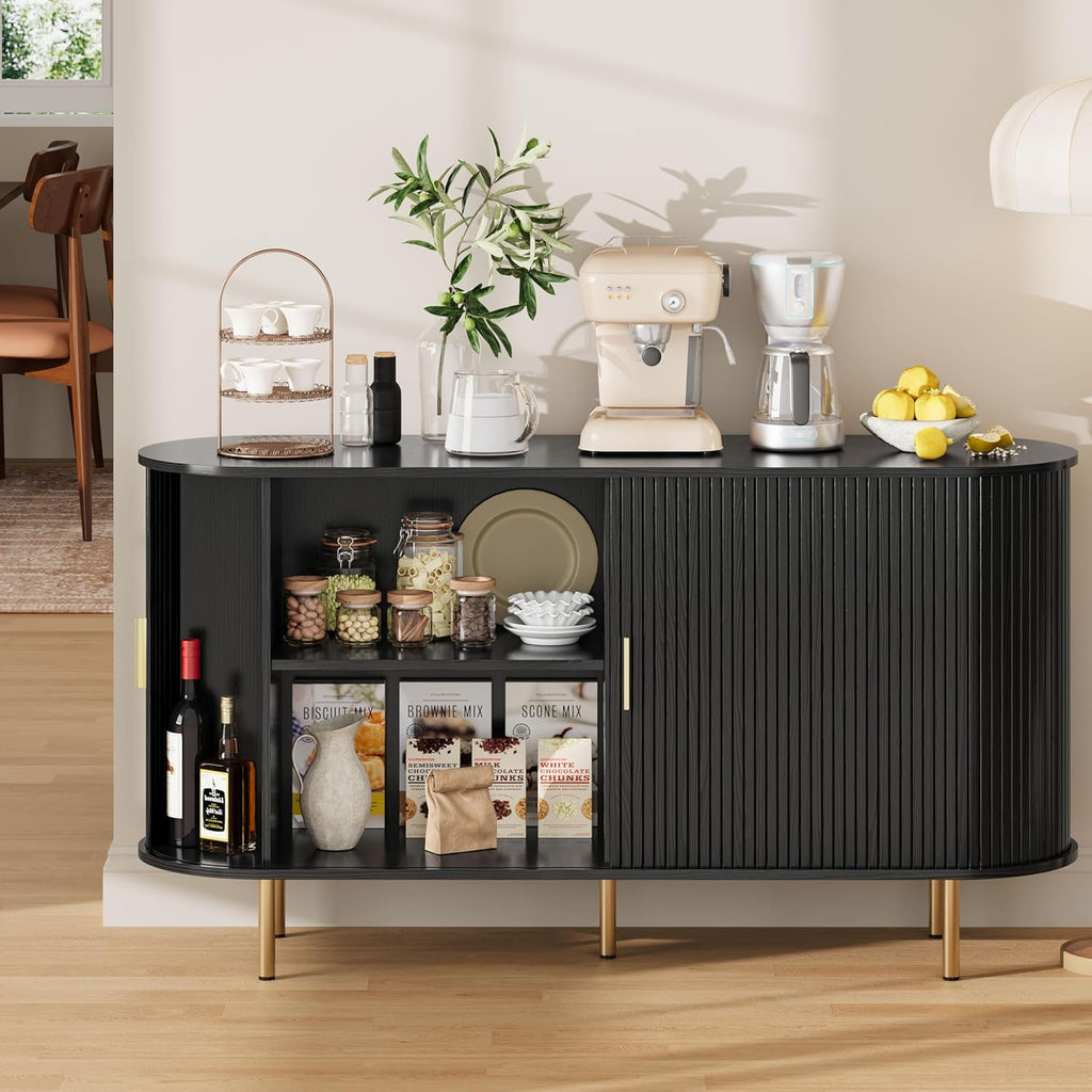 Sideboard Buffet Cabinet with Storage,Mid Century Modern Fluted Accent Coffee Bar Console Table,Tambour Sliding Doors& Adjustable Shelf for Kitchen, Living Room, Entryway(Black, 55 Inch)